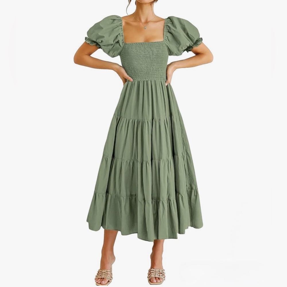 Amazon Sage Green Midi Dress with Smocked Bodice and Puff Sleeves